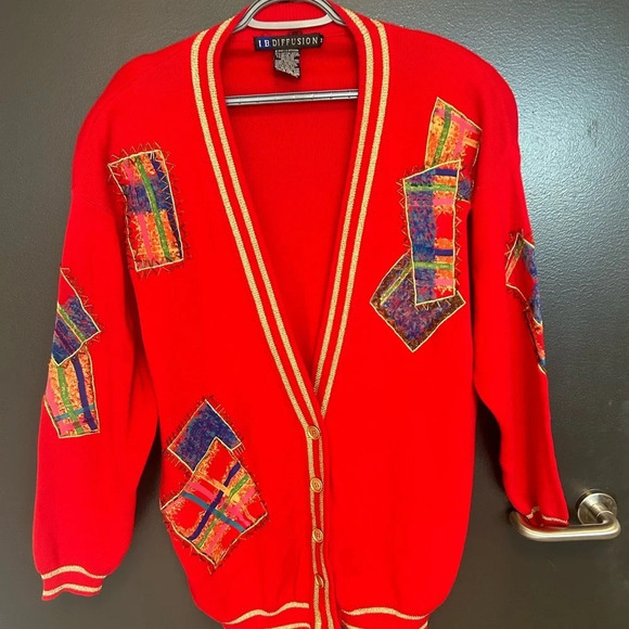 I.B Diffusion vintage cardigan M patchwork is crazy! Oversized and shoulder pads - Picture 12 of 13